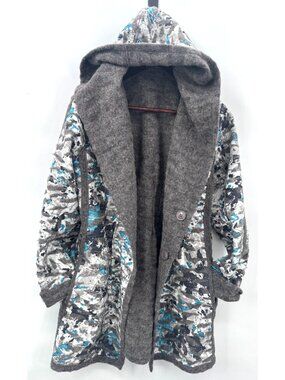 New Bylyse Gray Wool Blend Reversible Hooded Jacket Coat Pockets Buttons Sz M